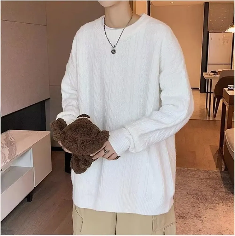Women Cable Knit Vintage Chunky Sweater Loose Casual Knitted Sweater Unisex Woven Crewneck Knitted Top