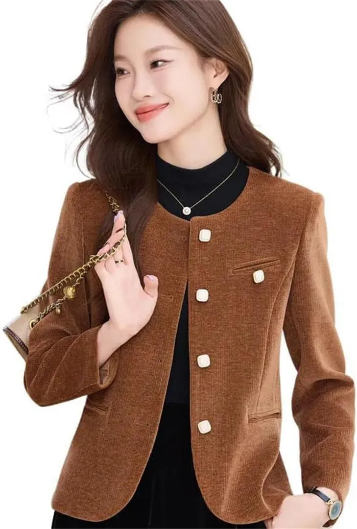 Women Elegant Office Coffee Apricot Pink Blazer Formal Outfits Pearl Button Jacket Coat