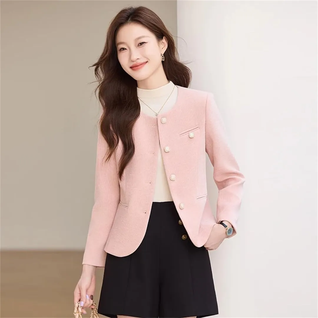 Women Elegant Office Coffee Apricot Pink Blazer Formal Outfits Pearl Button Jacket Coat