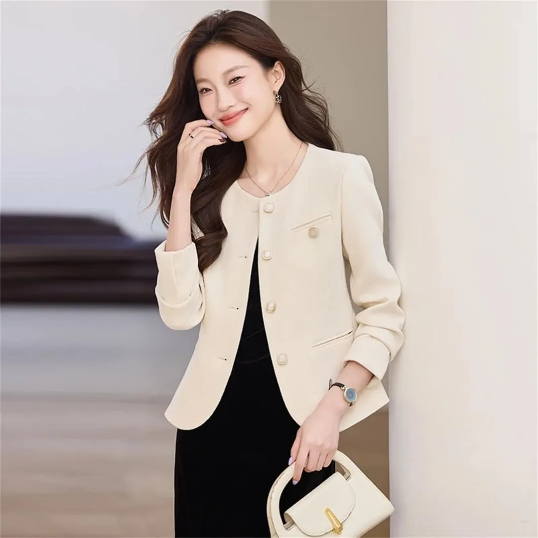 Women Elegant Office Coffee Apricot Pink Blazer Formal Outfits Pearl Button Jacket Coat