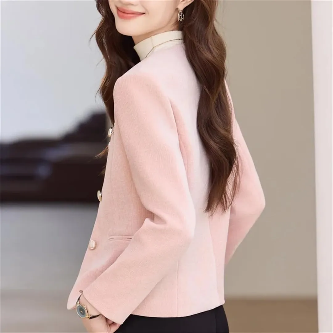 Women Elegant Office Coffee Apricot Pink Blazer Formal Outfits Pearl Button Jacket Coat