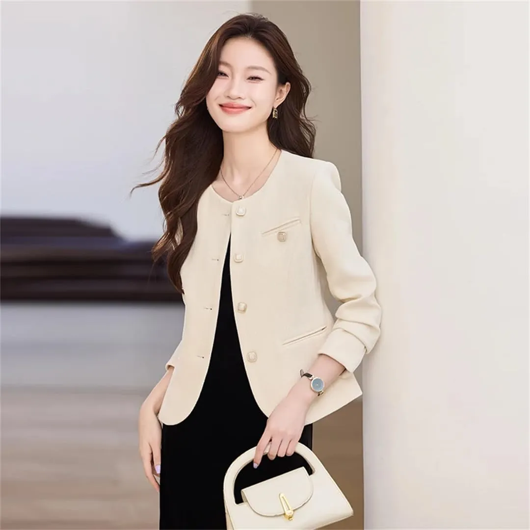 Women Elegant Office Coffee Apricot Pink Blazer Formal Outfits Pearl Button Jacket Coat