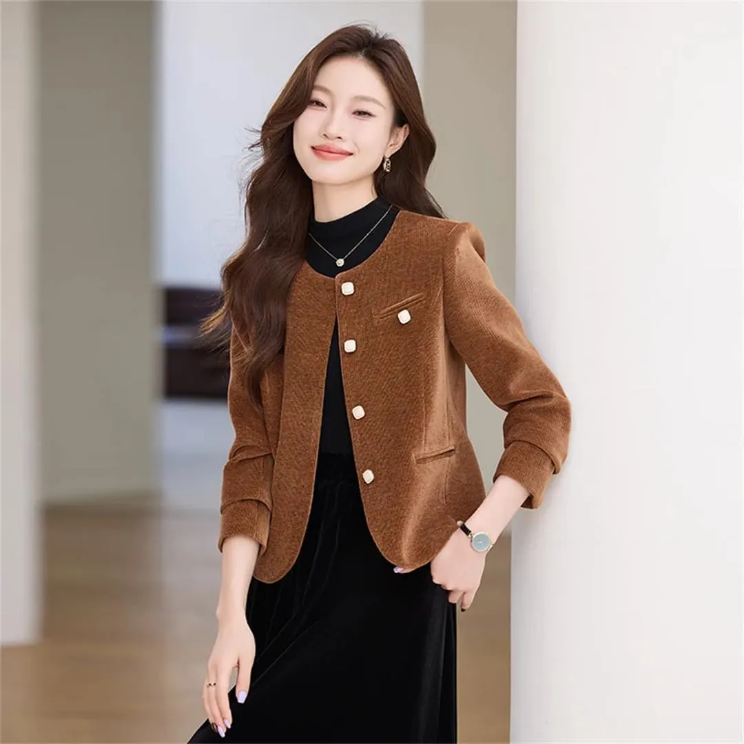 Women Elegant Office Coffee Apricot Pink Blazer Formal Outfits Pearl Button Jacket Coat