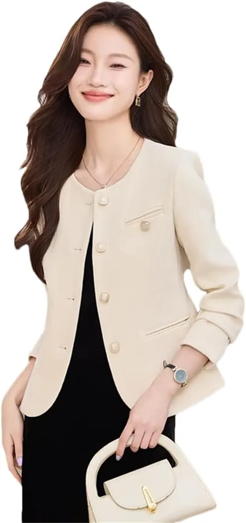 Women Elegant Office Coffee Apricot Pink Blazer Formal Outfits Pearl Button Jacket Coat
