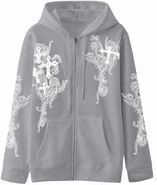 Women Men Y2K Zip Up Oversized Hoodie Gothic cross Graphic Emo Grunge Baggy Fleece Jacket 90s Punk Streetwear