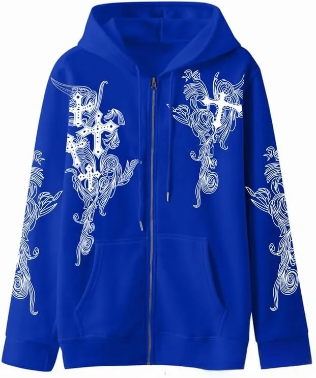 Women Men Y2K Zip Up Oversized Hoodie Gothic cross Graphic Emo Grunge Baggy Fleece Jacket 90s Punk Streetwear