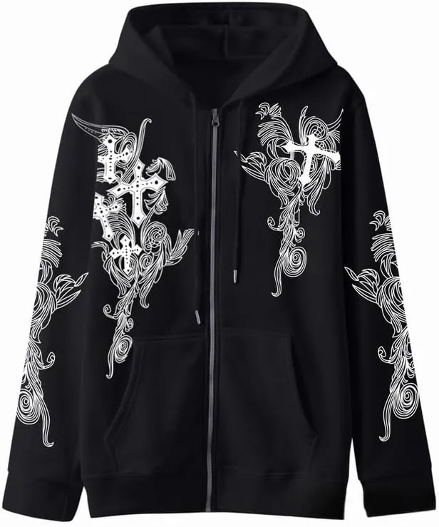 Women Men Y2K Zip Up Oversized Hoodie Gothic cross Graphic Emo Grunge Baggy Fleece Jacket 90s Punk Streetwear