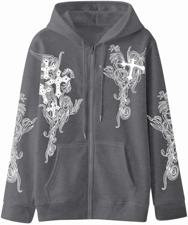 Women Men Y2K Zip Up Oversized Hoodie Gothic cross Graphic Emo Grunge Baggy Fleece Jacket 90s Punk Streetwear