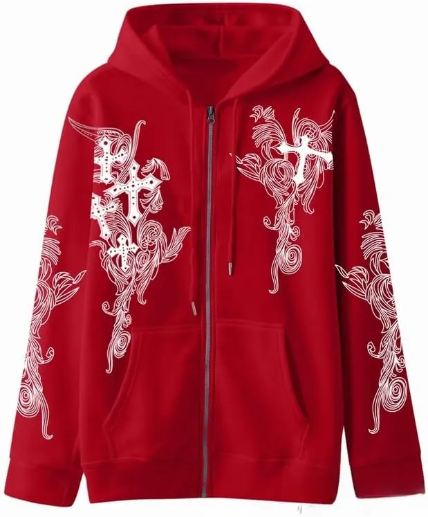 Women Men Y2K Zip Up Oversized Hoodie Gothic cross Graphic Emo Grunge Baggy Fleece Jacket 90s Punk Streetwear