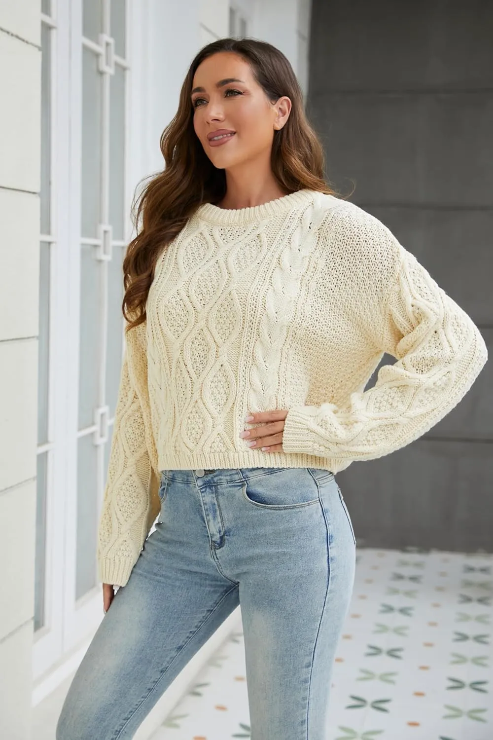 Women's Cable Knit Sweater Oversized Casual Sweaters Crewneck Long Sleeve Fall Chunky Pullover Sweater