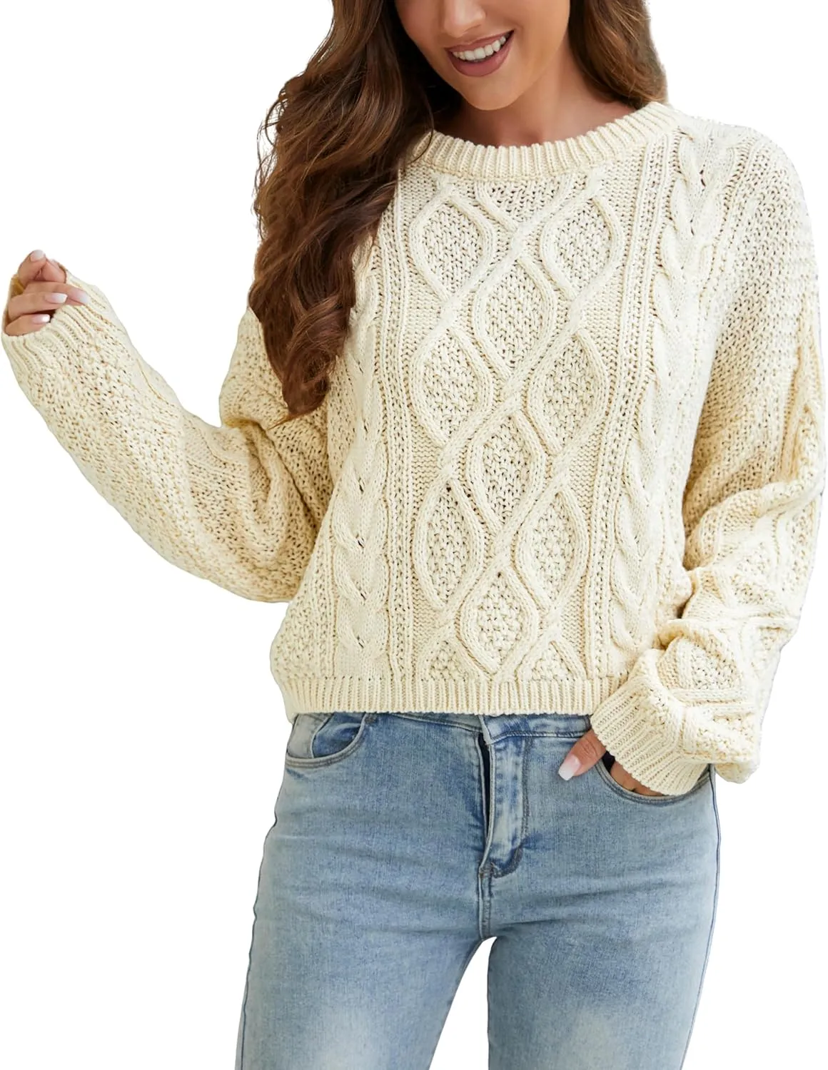 Women's Cable Knit Sweater Oversized Casual Sweaters Crewneck Long Sleeve Fall Chunky Pullover Sweater