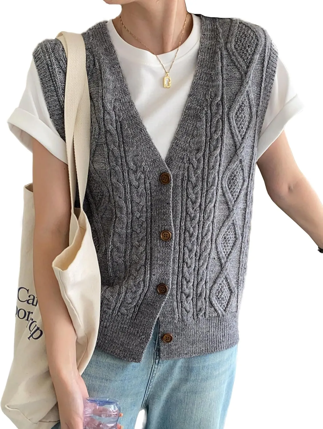 Women's Cable Knit Sweater Vest Button Sleeveless Chunky Sweater Tops