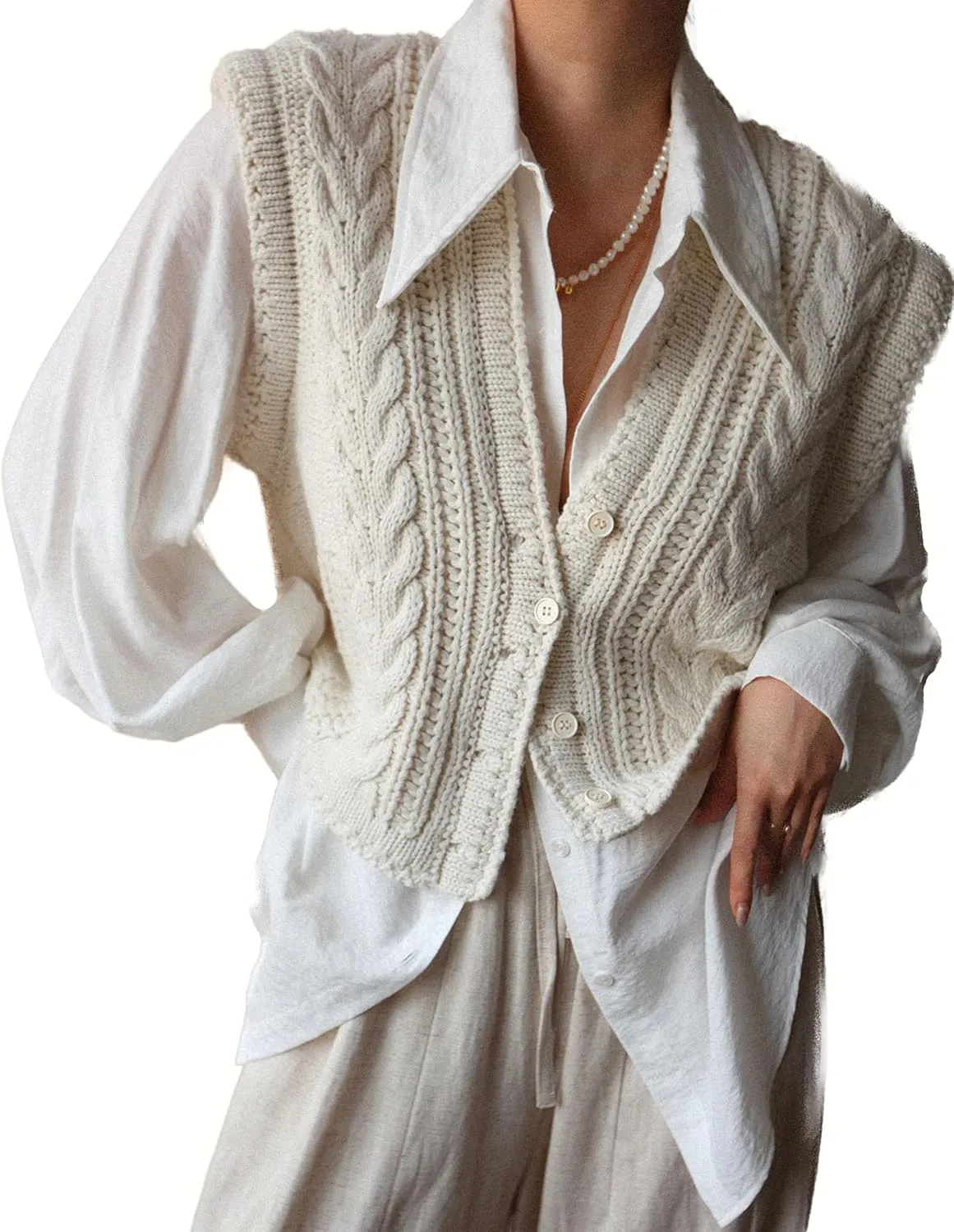 Women's Cable Knit Sweater Vest Button Sleeveless Chunky Sweater Tops