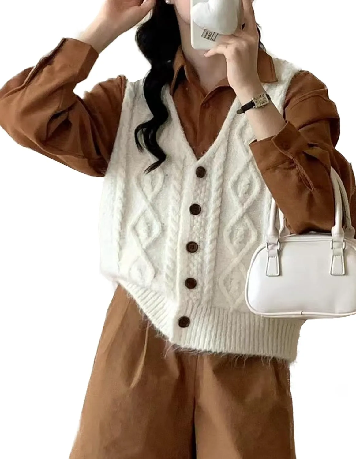 Women's Cable Knit Sweater Vest Button Sleeveless Chunky Sweater Tops