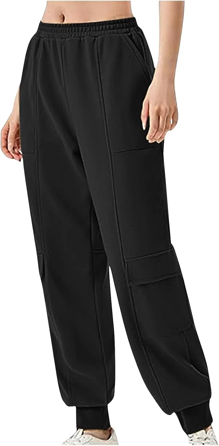 Women's Jogger Pant Fall Trendy Elastic Vertical Crop Solid Pant Straight Leg Ankle Bind Slim Sweatpant with Pocket