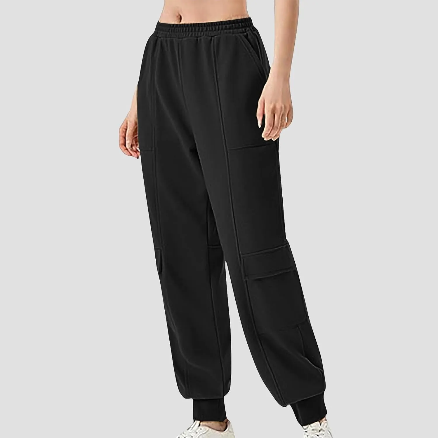 Women's Jogger Pant Fall Trendy Elastic Vertical Crop Solid Pant Straight Leg Ankle Bind Slim Sweatpant with Pocket