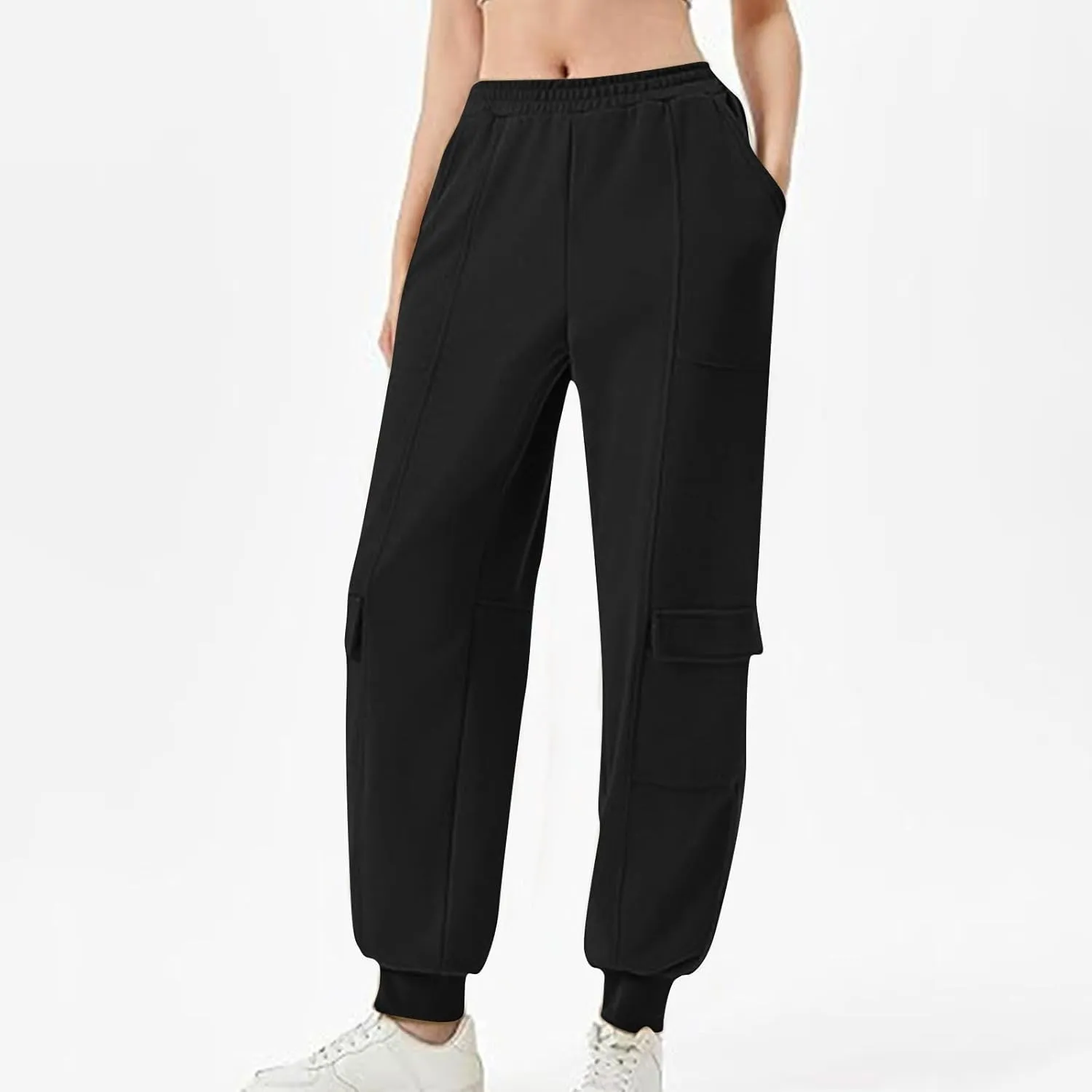 Women's Jogger Pant Fall Trendy Elastic Vertical Crop Solid Pant Straight Leg Ankle Bind Slim Sweatpant with Pocket