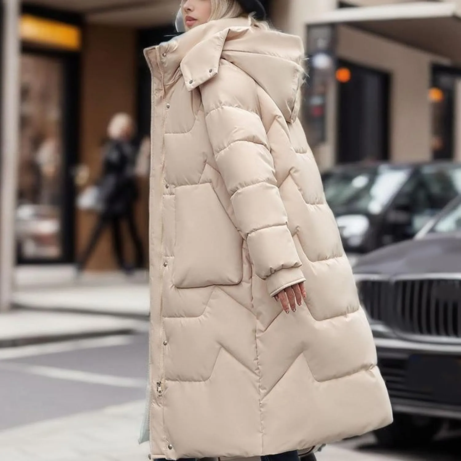 XUNRYAN Womens Winter Warm Down Coat Zip Up Puffer Jackets Maxi Long Hooded Thicken Casual Ski Outdoor Parka Anorak Overcoat
