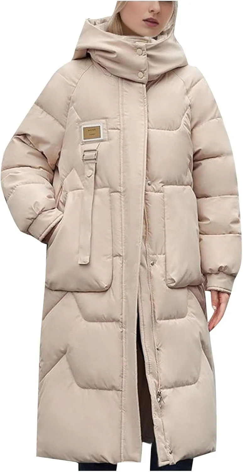 XUNRYAN Womens Winter Warm Down Coat Zip Up Puffer Jackets Maxi Long Hooded Thicken Casual Ski Outdoor Parka Anorak Overcoat